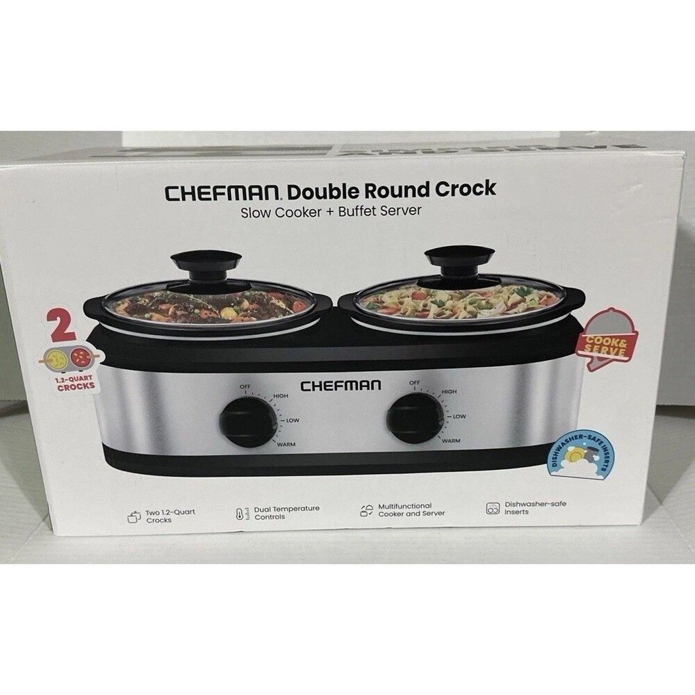 NEW Chefman Double SlowCooker & Buffet Server 2x1.25 Quart Removable Oval Crocks